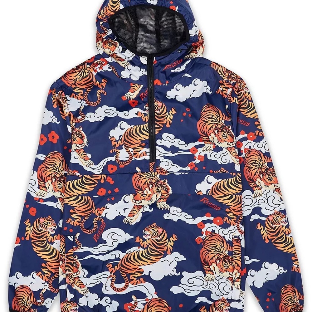 Reason Men’s Navy Tiger Print Windbreaker Anorak Maximalist Jacket